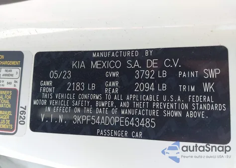 2023 Kia Forte Gt-Line z USA, uszkodzony, nr VIN 3KPF54AD0PE643485